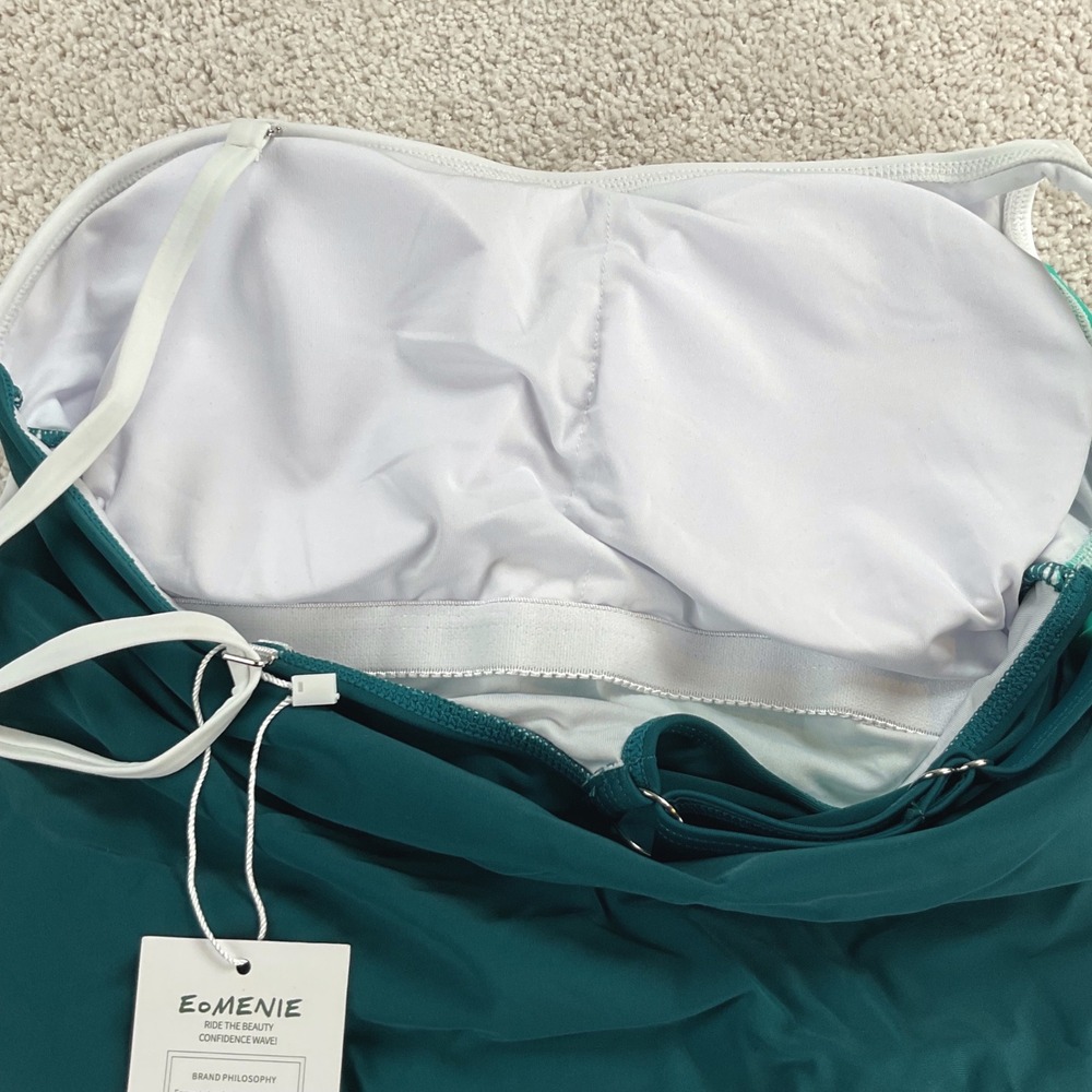 Eomenie Womens Med One Shoulder Colorblock Ruched One Piece Swimsuit Green White - Picture 8 of 10
